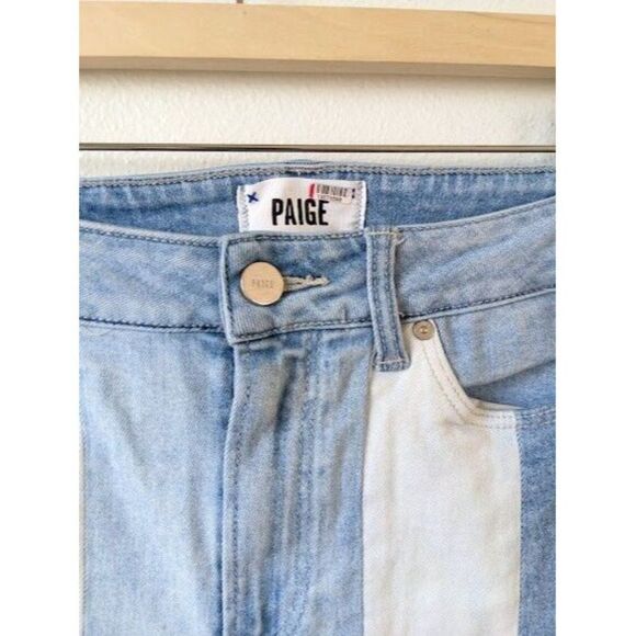 Paige Sz 27 Cindy Patchwork Blue Sky Piercing Jeans Straight Blue White Stretch - Picture 4 of 9